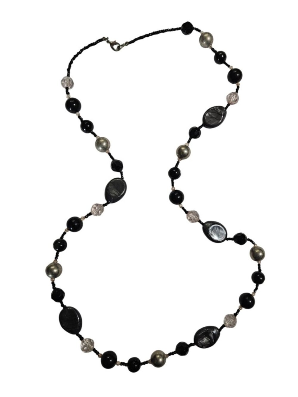 Vintage 90s Plastic Beaded Necklace Black Grey Silvertone 35 inches Long
